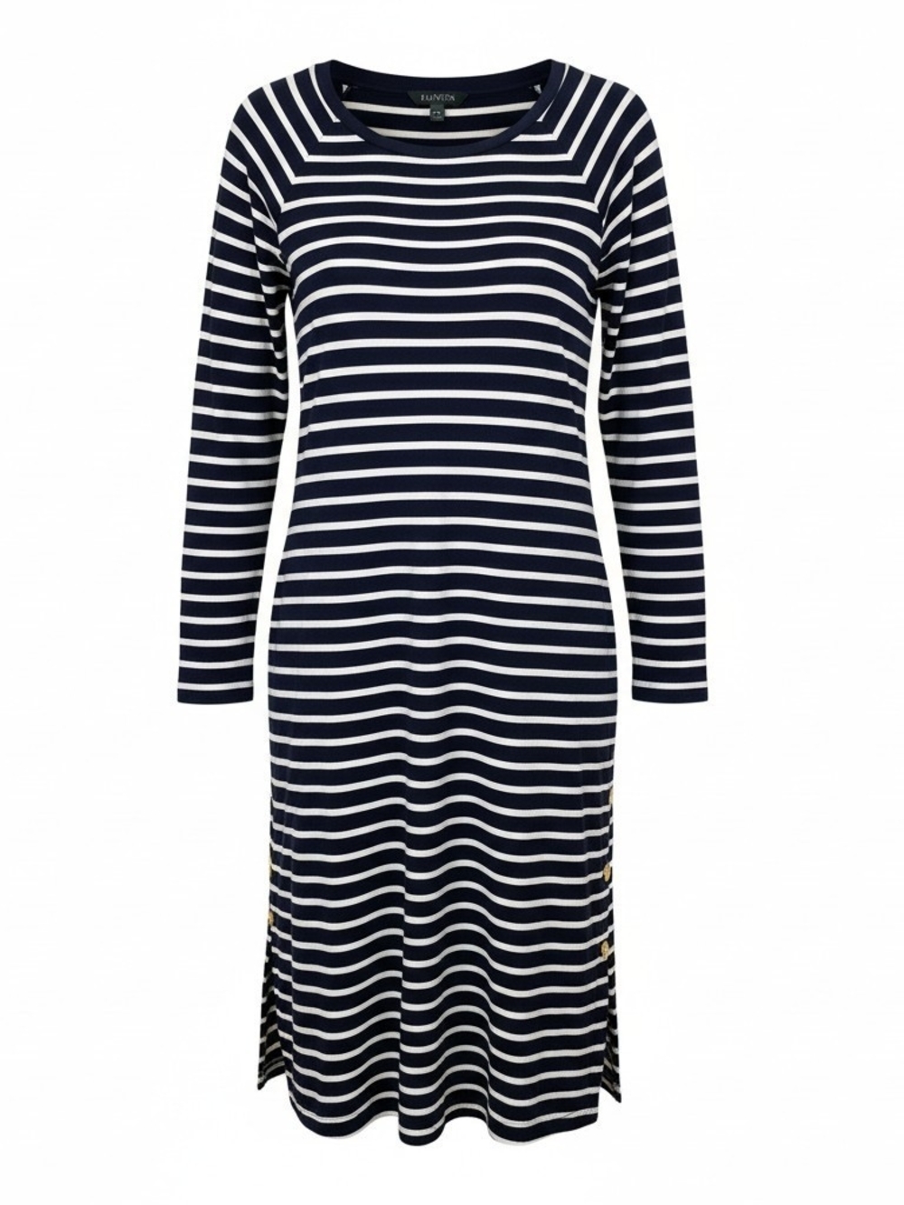 ​Lauren Ralph Lauren Navy White Striped Long Sleeve Midi Dress Gold Accent Butto